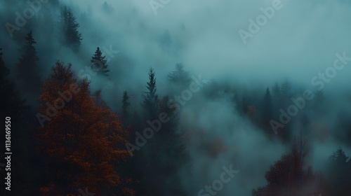 A forest with trees covered in fog