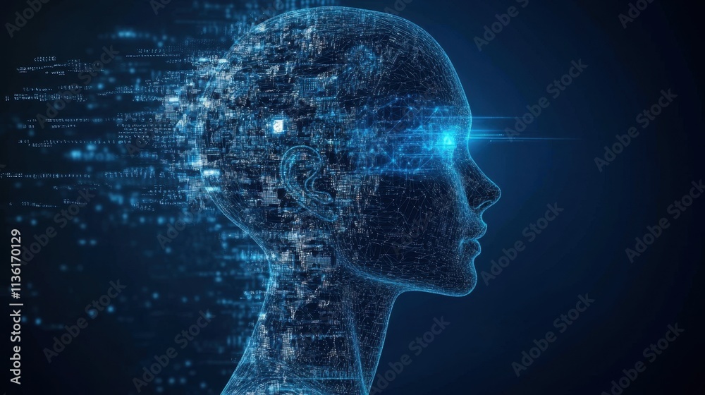 Futuristic Digital Human Profile with Data Flow Visualization