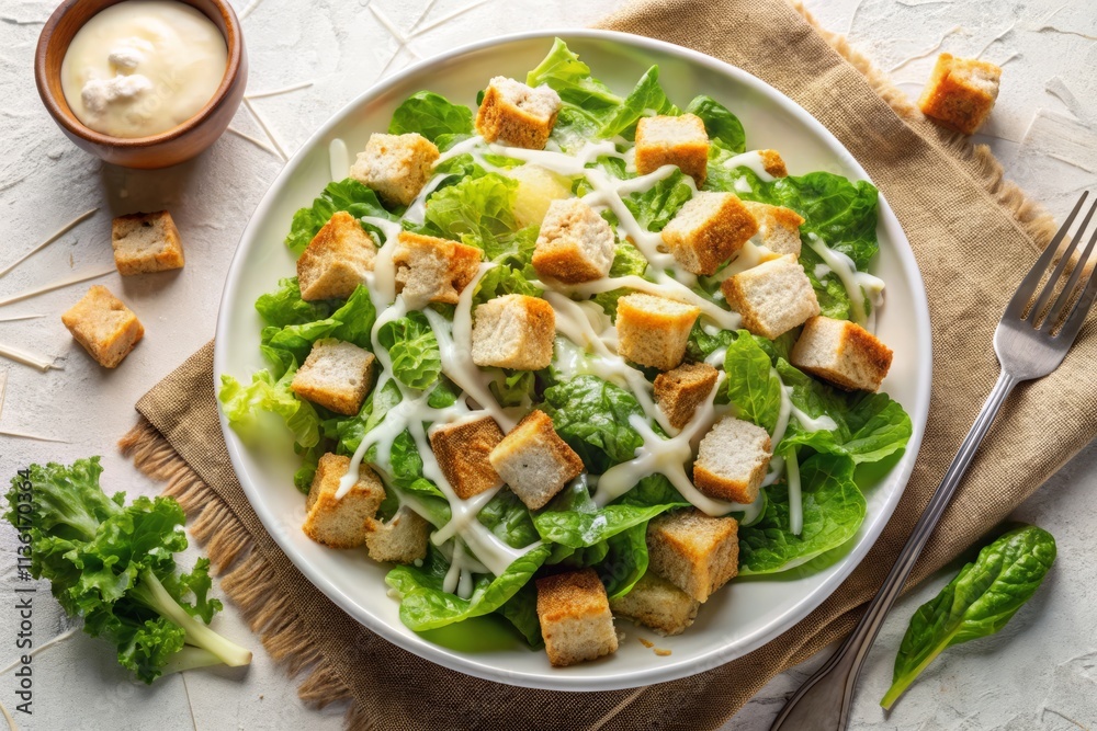 Fresh and Vibrant Caesar Salad on a White Background - Top View Composition for Culinary Delight and Healthy Eating Inspiration Fresh and Vibrant Caesar Salad on a White Background - Top View Composition for Culinary Delight and Healthy Eating Inspiration