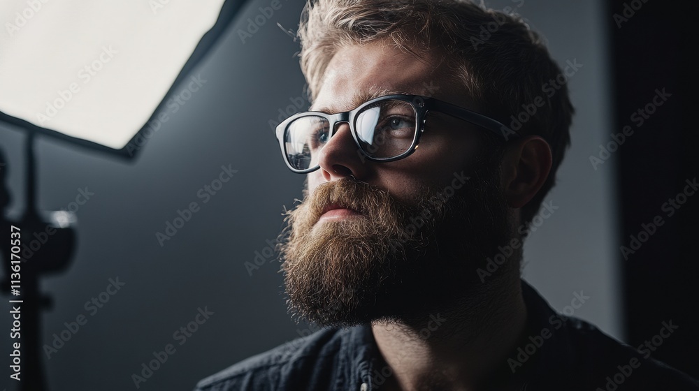 Obraz premium A photographer capturing portraits in a studio with professional lighting and a white backdrop