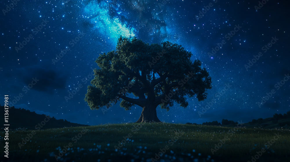 Solitary Oak Tree in Expansive Field Under Starry Night Sky with Milky Way. Solitary Oak Tree in Expansive Field Under Starry Night Sky with Milky Way.
