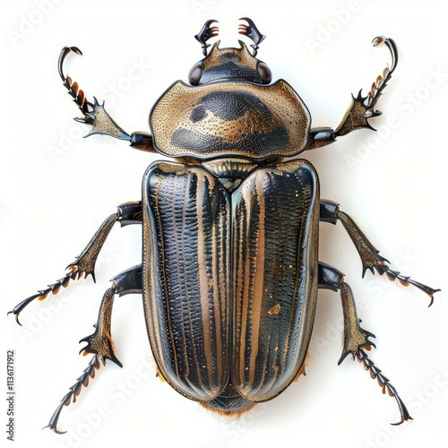 Studio shot of a goliath beetle, highlighting its iridescent metallic elytra and spiky legs against a white background photo