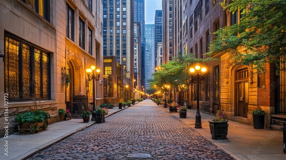 Fototapeta premium Serene Urban Street Scene with Cobblestone Path and Historic Buildings