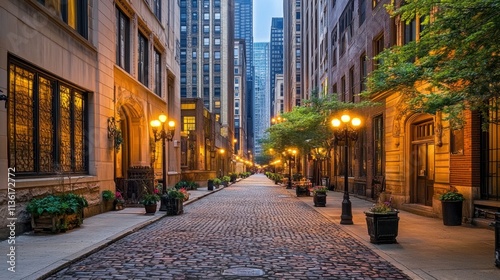 Serene Urban Street Scene with Cobblestone Path and Historic Buildings