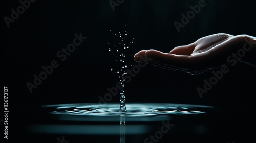 Hand catches falling water droplets creating ripples, dark background.