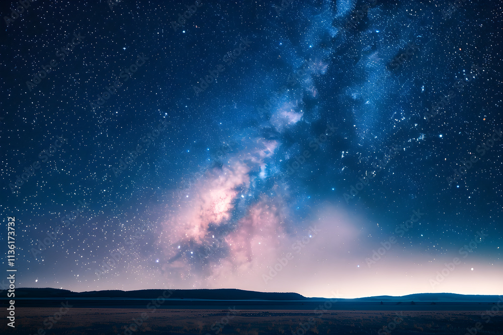 Celestial Majesty: The Milky Way in All Its Splendor Over a Peaceful Open Field, A Serene Nighttime Spectacle Celestial Majesty: The Milky Way in All Its Splendor Over a Peaceful Open Field, A Serene Nighttime Spectacle