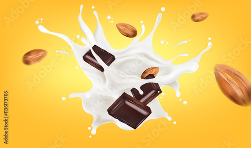 Chocolate with fresh milk splashing in the middle isolated on solid color background. Vector realistic in 3d illustration.