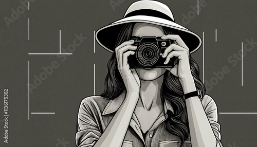 Digital illustration of a woman holding an old camera and taking a photo