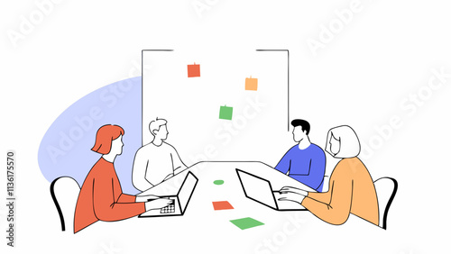 Four people are sitting around a table, each with a laptop, in a collaborative meeting environment. Sticky notes are visible on a whiteboard, suggesting brainstorming or planning activities.AI generat