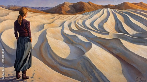 Woman gazing at vast desert landscape with flowing sand patterns photo