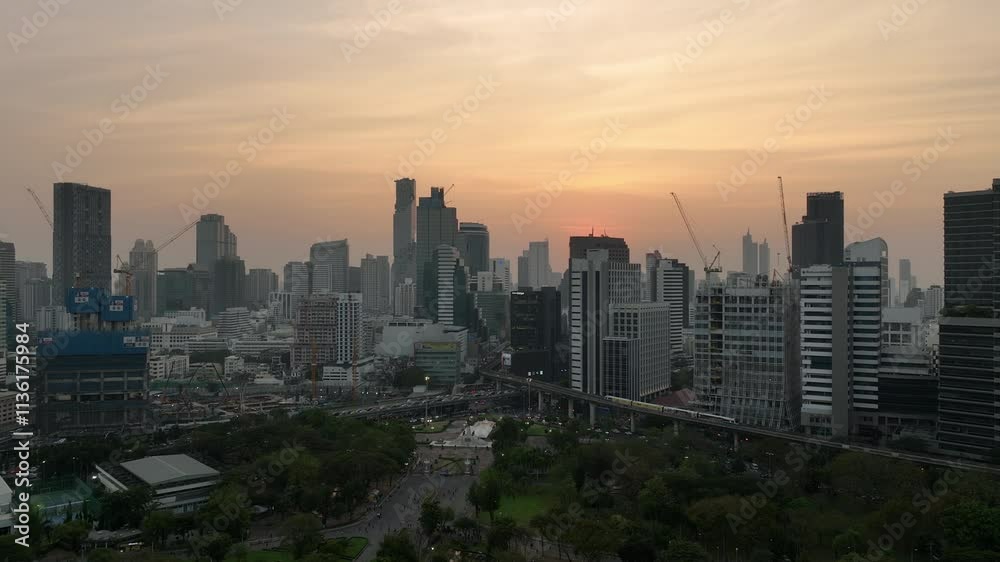 sunset sky bangkok city downtown traffic street road park view aerial panorama 4k thailand sunset sky bangkok city downtown traffic street road park view aerial panorama 4k thailand