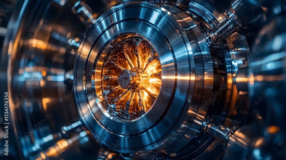 Fototapeta premium Glowing Industrial Machine Precision Engineering Metal Technology Manufacturing Process