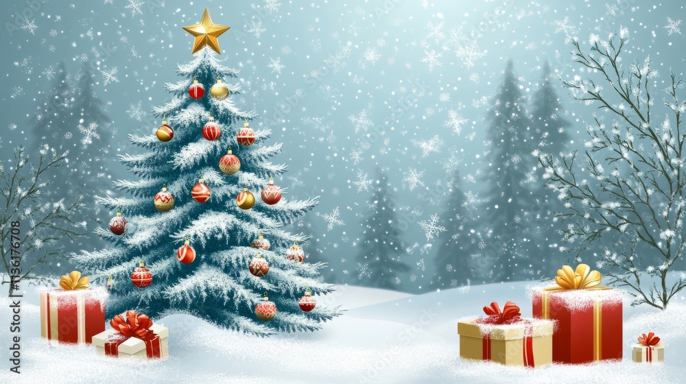 Obraz premium Festive winter scene with a decorated Christmas tree, shining ornaments, and snow-dusted gift boxes, creating a warm holiday backdrop.