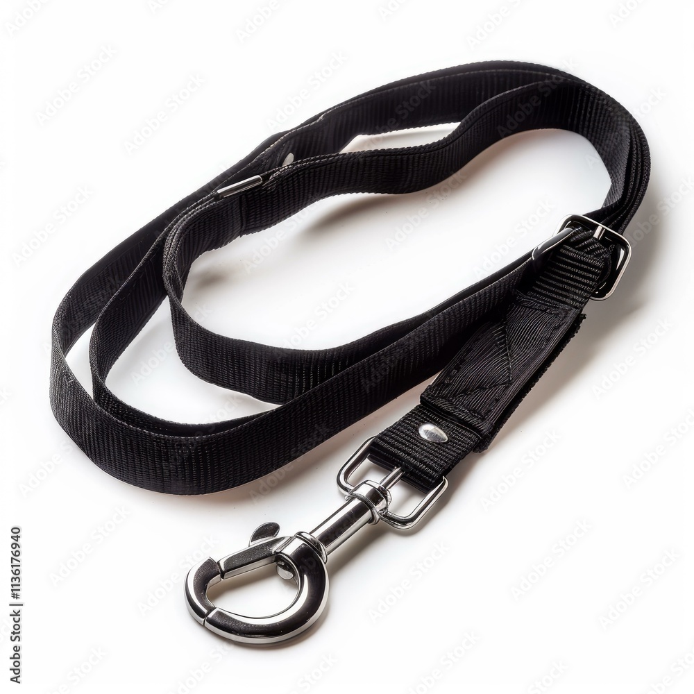New black dog leash displayed on a white background, ready for an exciting walk New black dog leash displayed on a white background, ready for an exciting walk