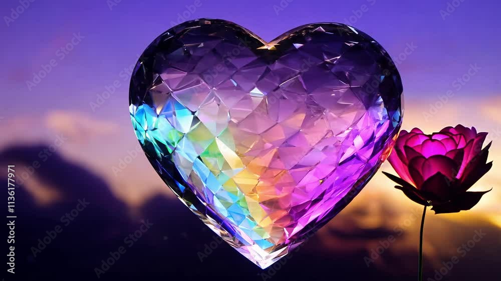 Camera revolves around a crystal heart reflecting rainbow light against a dusky sky filled with rose-gold clouds Camera revolves around a crystal heart reflecting rainbow light against a dusky sky filled with rose-gold clouds