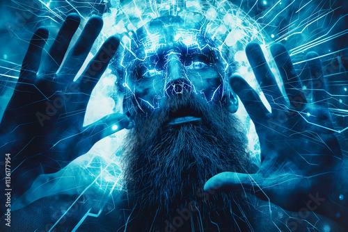Concept of Digital God: Close-Up Portrait of a Bearded Man with Blue Neon Lights Background, Symbolizing Omnipotence and Universal Mind. Generative AI