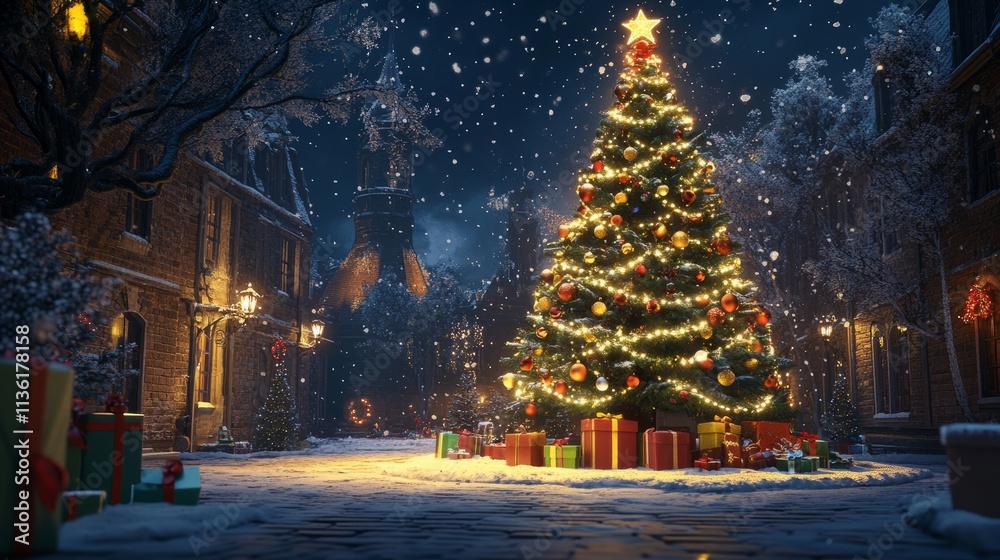 Snowy winter scene featuring a Christmas tree decorated with sparkling lights and baubles, surrounded by gifts and frosty scenery for holiday promotions. Snowy winter scene featuring a Christmas tree decorated with sparkling lights and baubles, surrounded by gifts and frosty scenery for holiday promotions.