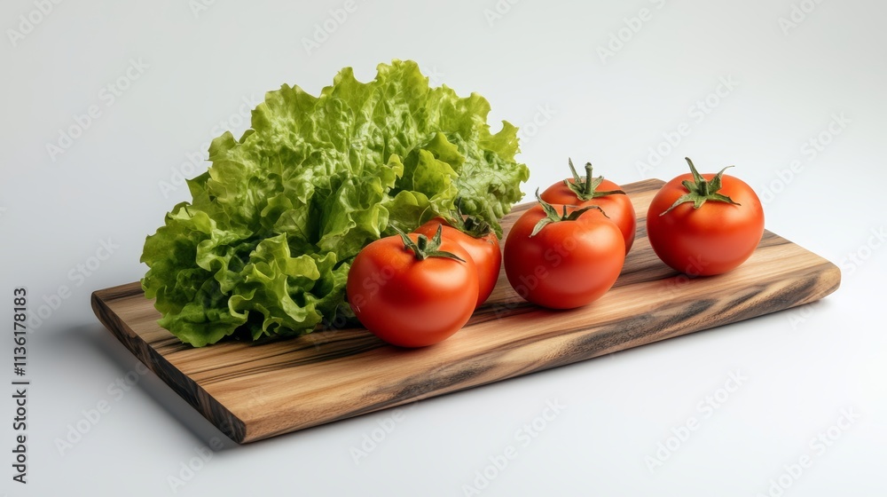 Tomatoes and lettuce on a wooden board, isolated against a white background Tomatoes and lettuce on a wooden board, isolated against a white background