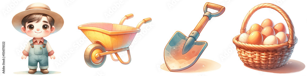 cheerful boy with wheelbarrow, shovel, and basket of eggs in farm setting cheerful boy with wheelbarrow, shovel, and basket of eggs in farm setting