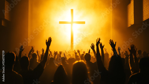 A group of people in a church, hands raised to heaven with crosses on the wall behind them, faces and arms illuminated by warm light from the windows.