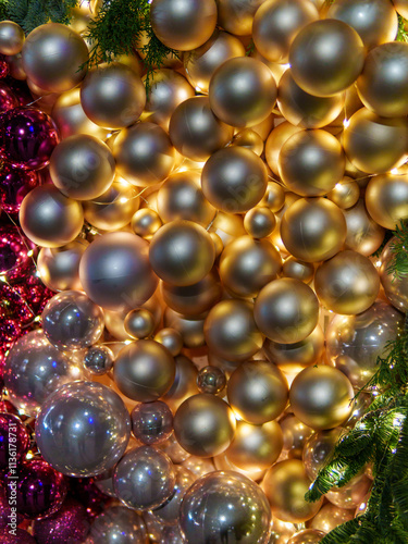 A festive arrangement of golden and purple ornaments is illuminated, creating a warm, inviting atmosphere for the holiday season. The shiny globes reflect light beautifully.