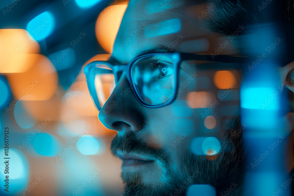 Close up portrait of a person working on computer. Generative AI Close up portrait of a person working on computer. Generative AI