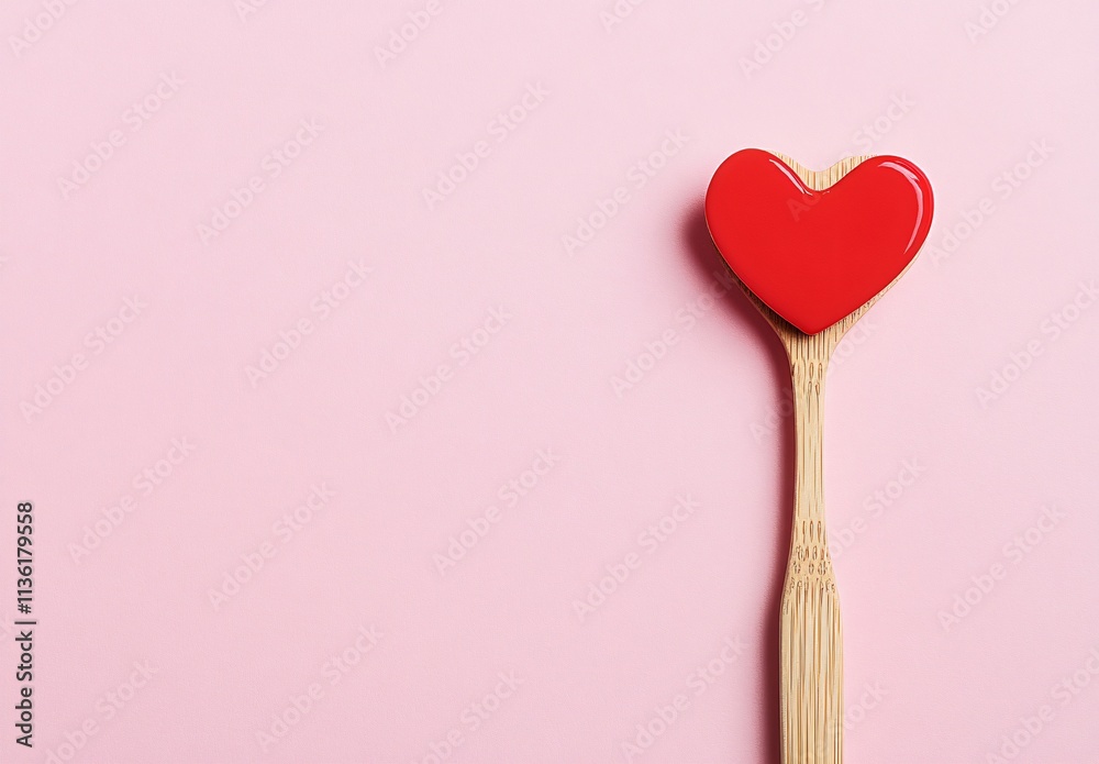 Romantic Red Heart on Wooden Spoon Pink Background Romantic Red Heart on Wooden Spoon Pink Background