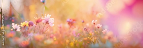 A field of wildflowers bathed in warm, golden sunlight. Soft focus slow motion.