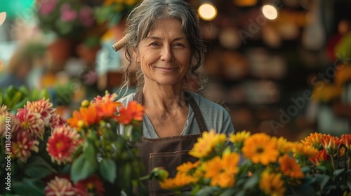 Mature flower arranger watering a floral plant in her store. photo