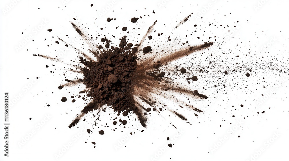 Dynamic Explosion of Brown Powder on White Background Dynamic Explosion of Brown Powder on White Background