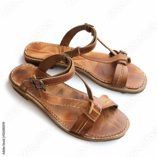 Wallpaper Mural Brown leather sandals showing signs of wear and tear, isolated on a white background, suggesting a history of use and adventures Torontodigital.ca