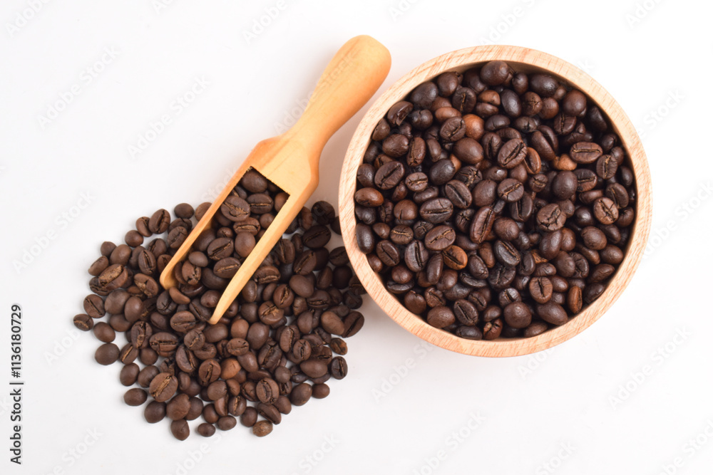Coffee beans in wooden bowl isolated on white background Coffee beans in wooden bowl isolated on white background