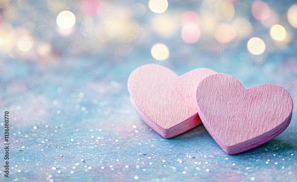 Romantic Pink Wooden Hearts on Glittery Background Romantic Pink Wooden Hearts on Glittery Background
