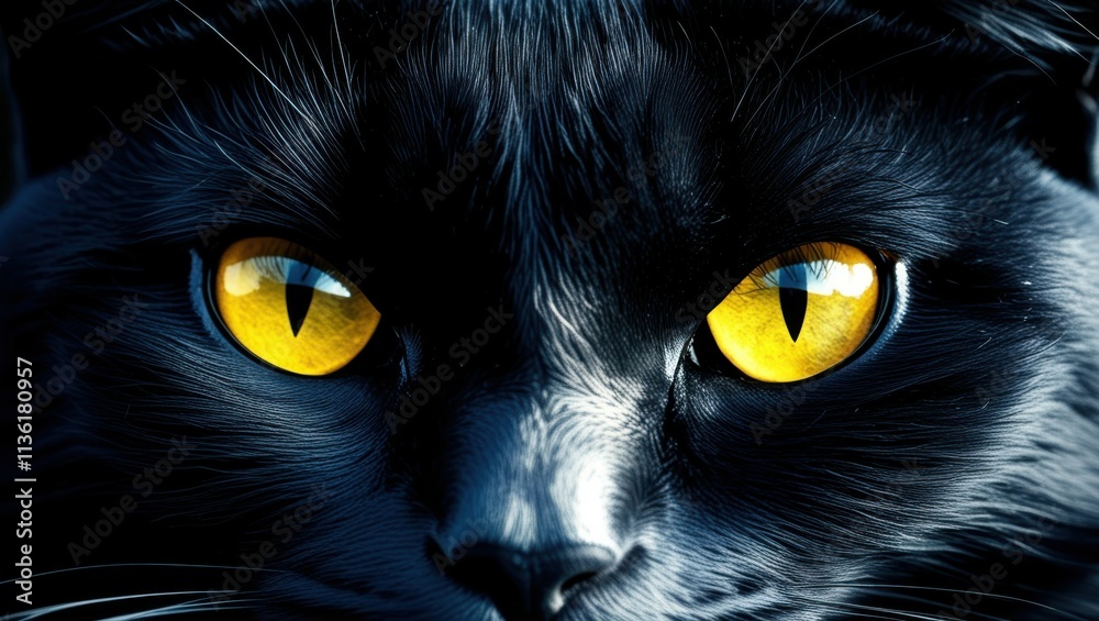 close-up of black cat face, intense yellow eyes, glowing feline gaze, dark fur, mysterious atmosphere, high contrast, dramatic lighting, sharp focus, detailed eye texture, sleek and enigmatic, night p close-up of black cat face, intense yellow eyes, glowing feline gaze, dark fur, mysterious atmosphere, high contrast, dramatic lighting, sharp focus, detailed eye texture, sleek and enigmatic, night p