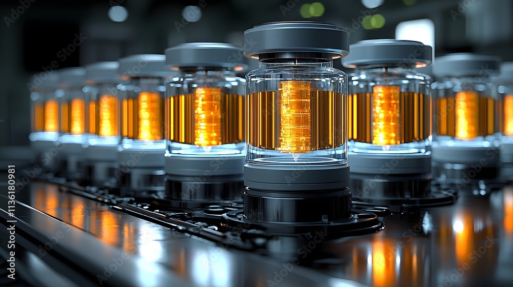 Futuristic Technology Illuminated Glass Cylinders on Conveyor Belt Futuristic Technology Illuminated Glass Cylinders on Conveyor Belt