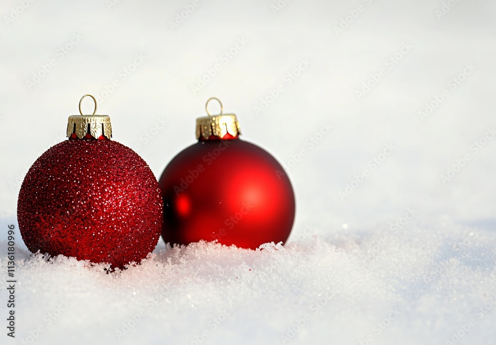 Two Red Glitter Christmas Ornaments in Snow Two Red Glitter Christmas Ornaments in Snow