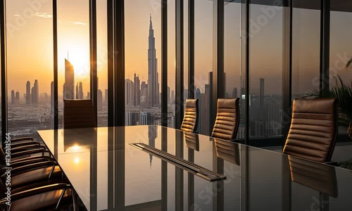 Modern conference room with sunset view over a city skyline.