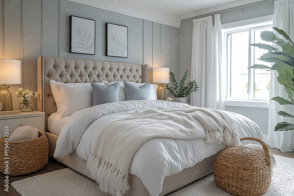 Fototapeta premium Photographie immobilière d'une chambre d'invités contemporaine élégante et confortable avec lit queen-size