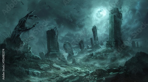 A full moon casts an ominous glow, illuminating the scene. The overall impression is one of decay, desolation, and a haunting sense of the past.