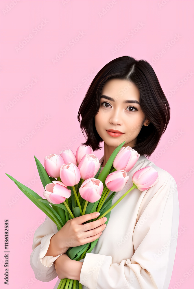 Portrait of a young woman holding a bouquet of pink tulips, with soft makeup and a pastel pink background, symbolizing beauty and springtime.
Portrait of a young woman holding a bouquet of pink tulips, with soft makeup and a pastel pink background, symbolizing beauty and springtime.