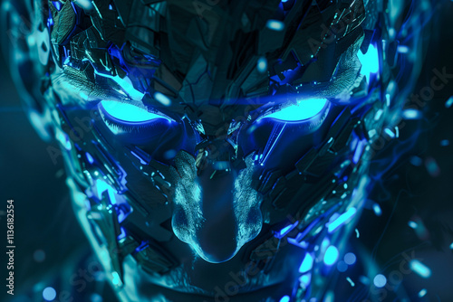 Wallpaper Mural 3D Rendering of Cyber Man robot with Glowing Eyes in Dark Space: Evil AI Concept. Generative AI Torontodigital.ca