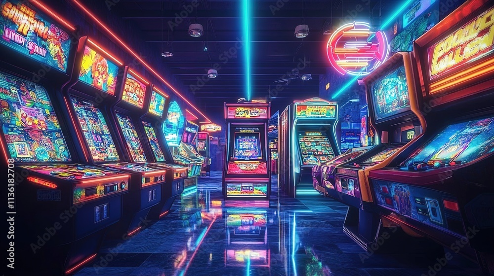 An arcade filled with glowing retro video game cabinets, with bright lights and colorful screens. An arcade filled with glowing retro video game cabinets, with bright lights and colorful screens.
