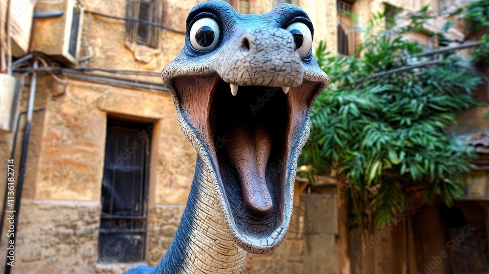 Fototapeta premium Realistic Animated Dinosaur Head in Urban Setting, Bright Colors