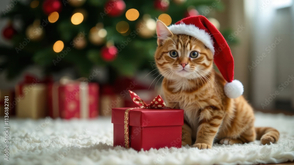 Obraz premium Portrait of a little red kitten sitting near the gift box and looking at camera against the Christmas tree lights background. New Year card. Cute pet. Happy holiday. Domestic animal waits a present