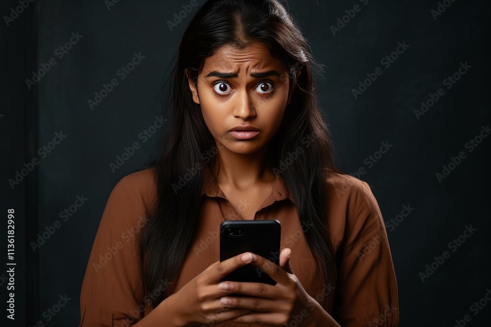 Studio portrait of a shocked young woman holding a smartphone and reading bad news Studio portrait of a shocked young woman holding a smartphone and reading bad news