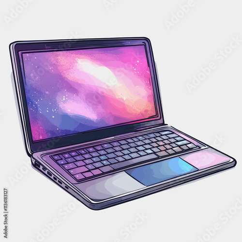 Stunning laptop computer with vibrant purple and blue screen showcasing modern technology in a professional workspace setting