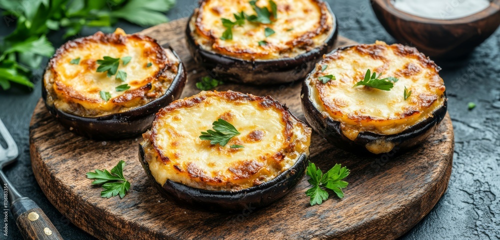 Moussaka featuring layers of eggplant ground meat and bechamel sauce Moussaka featuring layers of eggplant ground meat and bechamel sauce
