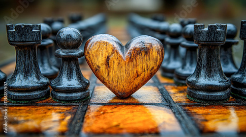 A heart-shaped piece on a chessboard symbolizes love and strategy. Perfect for themes of relationships, decision-making, and emotional intelligence