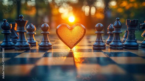 A heart-shaped piece on a chessboard symbolizes love and strategy. Perfect for themes of relationships, decision-making, and emotional intelligence