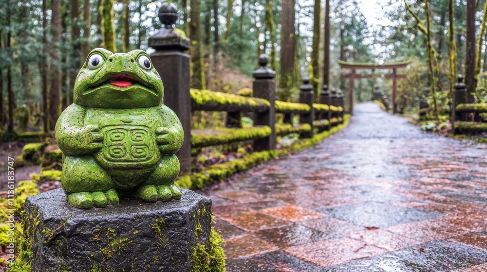 Green Frog Statue Near Pathway in Tranquil Forest Setting Green Frog Statue Near Pathway in Tranquil Forest Setting